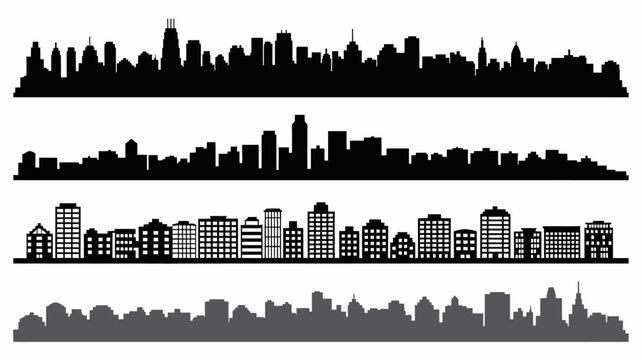A striking black silhouette showcases diverse city skylines arranged in horizontal rows presenting a modern urban landscape high quality professional detailed elegant stylish clean crisp vibrant