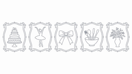 A series of five framed black and white illustrations depict a cake ballerina bow cutlery and flowers arranged horizontally high quality professional detailed modern elegant stylish © Iconhub