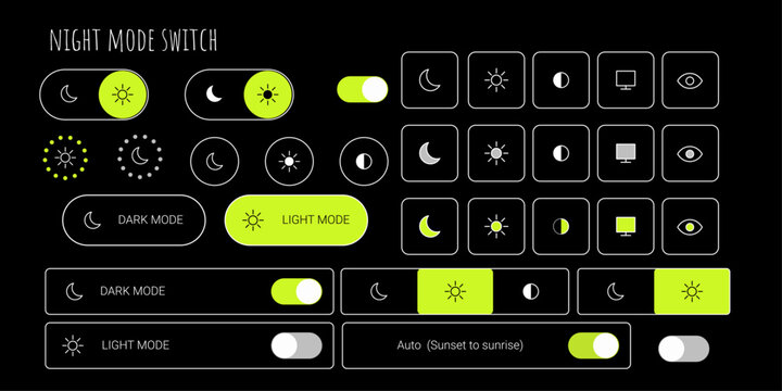 Y2k night mode switch ui kit with dark theme light mode toggle and interface icons