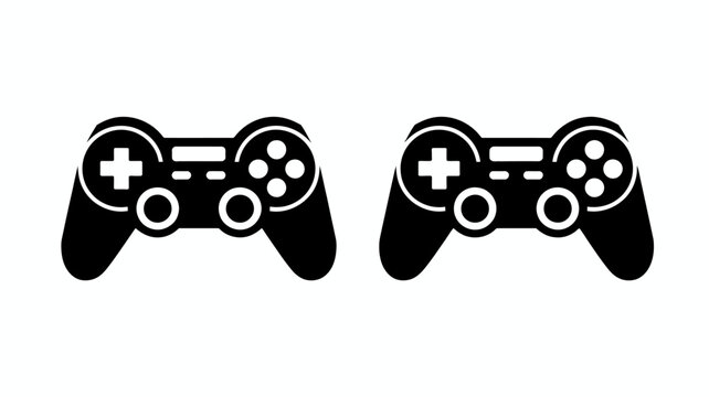A simple black and white illustration depicts two identical gaming controllers facing slightly different angles on a stark white background high quality professional detailed modern elegant
