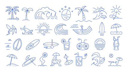A collection of hand drawn blue line art icons depicting various summer and beach related objects and activities high quality professional detailed modern elegant stylish clean © Iconhub