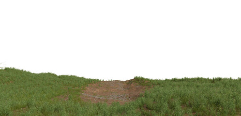 Naklejka premium A panoramic view of a grassy field with a patch of bare earth