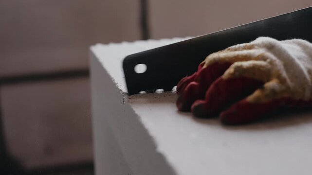 Cutting aerated concrete block with hand saw close up