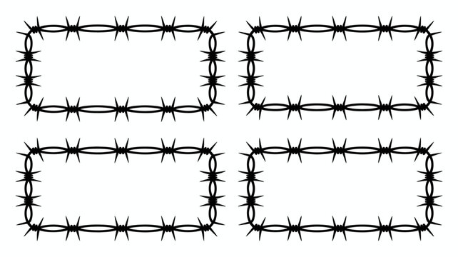 A stark black and white image depicts four rectangular frames constructed entirely from tightly coiled barbed wire against a white background high quality professional detailed modern
