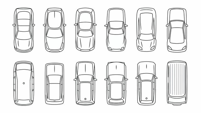 A minimalist black and white illustration depicts a grid arrangement of twelve vehicle outlines showcasing diverse car types and body styles high quality professional detailed modern
