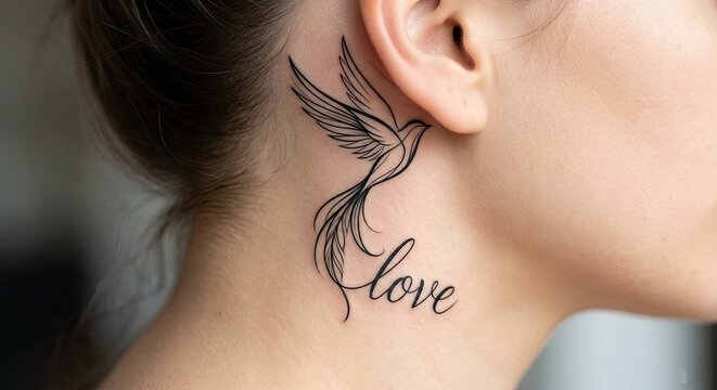 Neck tattoo of a stylized bird in motion with the word &ldquo;love&rdquo; written in cursive script