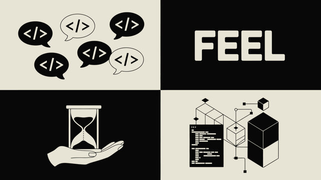A split screen design features coding symbols in speech bubbles the word feel an hourglass and a complex isometric structure high quality professional detailed modern elegant