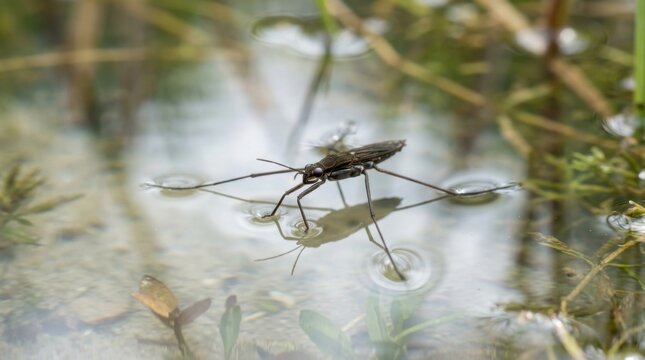 Water strider insect gracefully gliding on the water surface, nature scene.