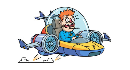 Scared man in a futuristic vehicle with engines © Umi