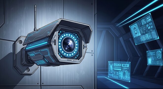 Modern security camera with blue interface.