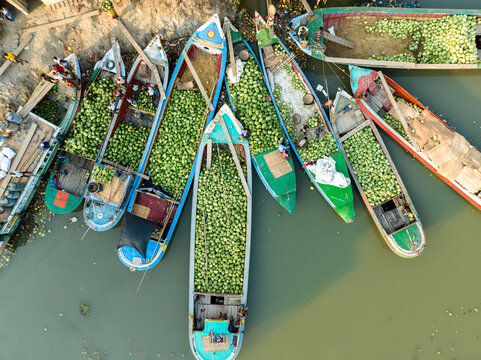 Aerial view of boats brimming with vibrant green produce clustered tightly together on the waters, Barishal, Barisal Division, Bangladesh.