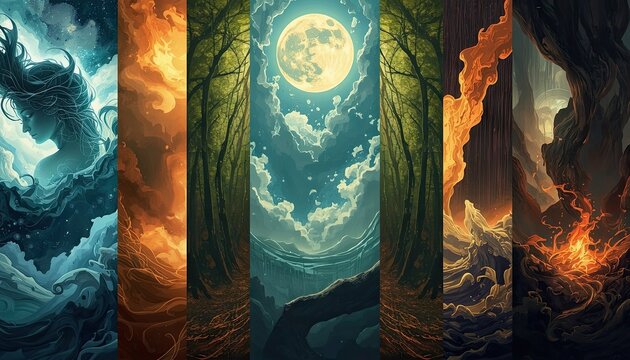 A vertical collage of various artistic panels depicting natural elements like water, fire, moonlit clouds, and dense forests in a stylized fantasy aesthetic