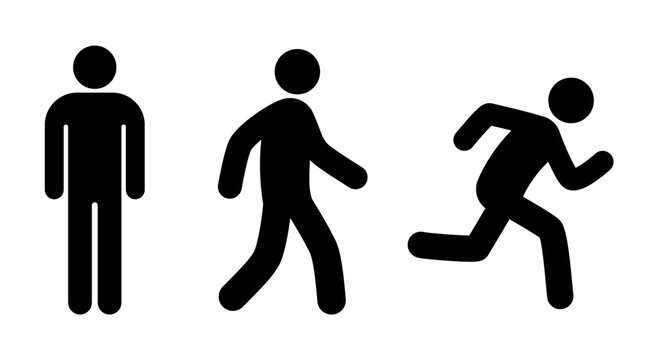classic simple standing walking running man pedestrian silhouette stickman stick figure side view symbol vector set on transparent background