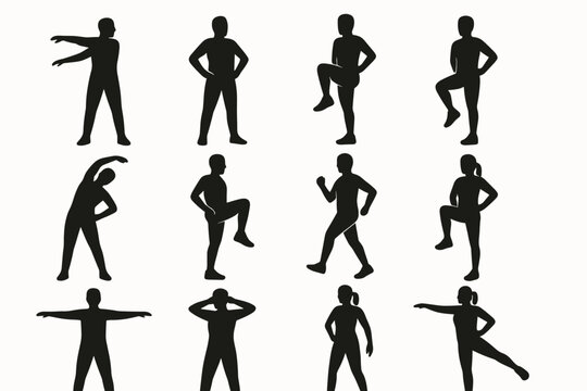 Silhouettes of people performing simple warmup motions like arm swings torso turns knee lifts side bends and steps for fitness sheets.