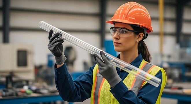 Woman in Safety Gear Inspecting Glass Tube in Factory.