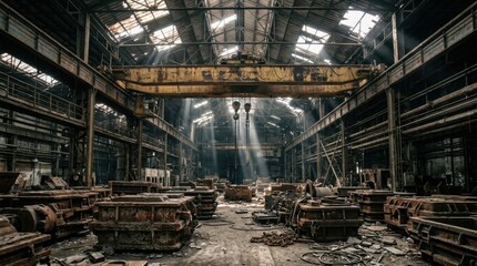 Fototapeta premium Abandoned Industrial Warehouse Interior with Overhead Crane and Sunlight.