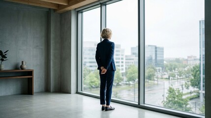 Fototapeta premium Businesswoman in suit stands alone gazing through large glass windows at urban cityscape