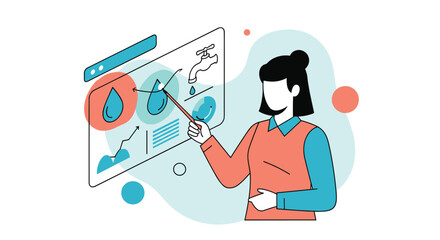 Fototapeta premium A female analyst or teacher points to a digital dashboard with graphs and icons, presenting data on water conservation, quality, and the water cycle.