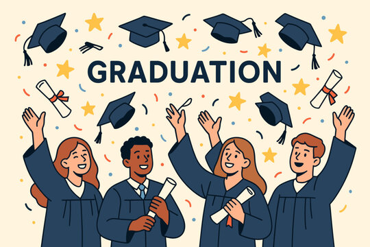 Graduation ceremony success flat cartoon holiday banner showing caps diplomas stars and proud students.