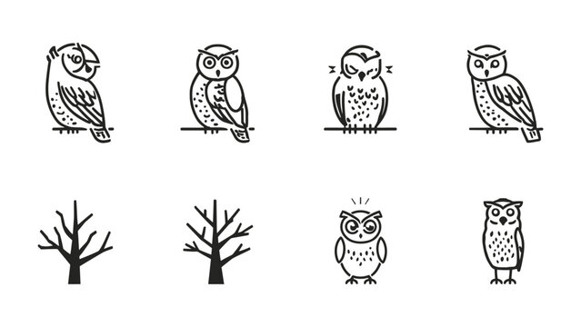 Wise Owl Designs: A collection of stylized owl illustrations and barren tree outlines, showcasing the wisdom of the night. Featuring various owl poses.