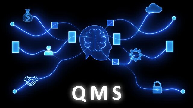 Conceptual diagram of QMS with glowing blue network lines connecting for money bag handshake person cloud gear and lock on black background Keywords: QMS, management system, control