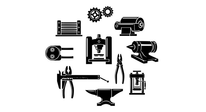 Industrial machinery vector icon set with gears rollers press anvil pliers and caliper manufacturing equipment