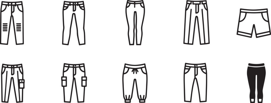 A collection of black and white line drawings depicting various styles of pants.