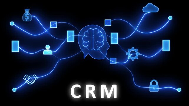 Digital network visualization of customer relationship management system with glowing blue lines connecting for brain human head money bag handshake cloud lock and gear on black background