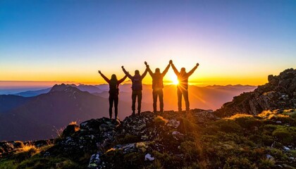 Fototapeta premium Group of hikers standing on mountain peak with arms raised celebrating success at sunrise, motivation, achievement, victory, teamwork, leadership, goal attainment
