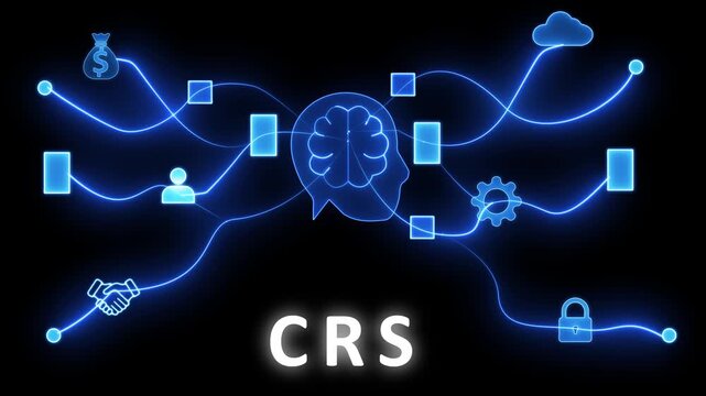 Visual representation of a customer record system network with luminous blue lines connecting for brain human head money bag handshake cloud lock and gear on black background