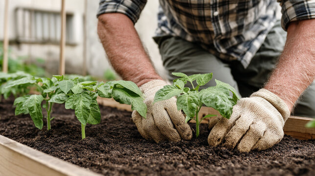 Senior gardener wearing gloves planting tomato seedlings in garden bed