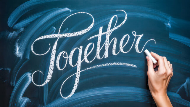 A human hand holding white chalk writes the word together in beautiful artistic cursive script to symbolize unity and collaboration