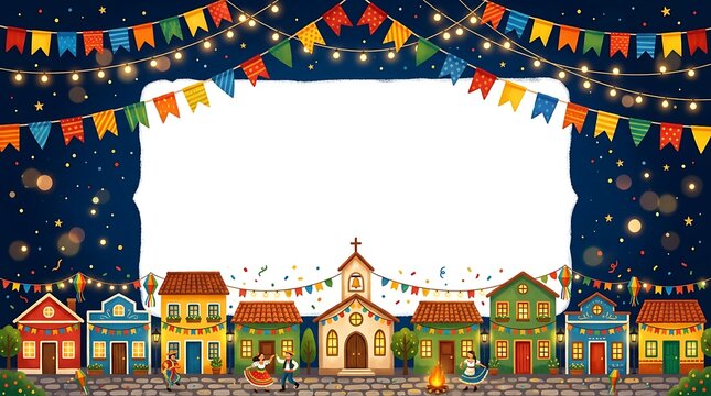 Festa junina village scene with colorful flags, lights, happy people dancing and bonfire in festive atmosphere.