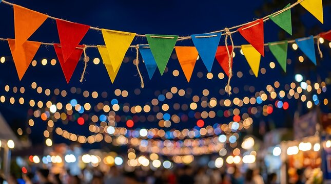 Festa junina night celebration with string lights, colorful flags and bokeh blurred background of people.