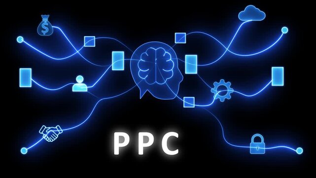 Digital network connecting various business with a central brain and the word PC in neon blue light against a black background Keywords: PC, Pay Per Click, digital marketing, advertising