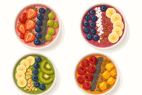 Isolated Smoothie Bowls Isolated bright smoothie bowls with berries seeds and fruits for menu designs.