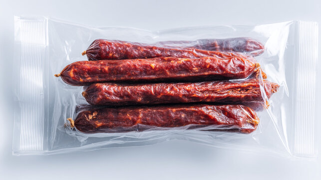 Vacuum packed spicy smoked sausages snack on a white background
