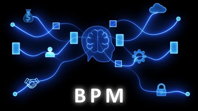 Conceptual digital network with a human head and brain at its center, linked by illuminated blue lines to representing business process management, finance, collaboration, and security on a