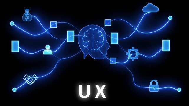 Digital network visualization connecting user experience with a glowing brain and text UX on a black background representing interconnected concepts and data flow
