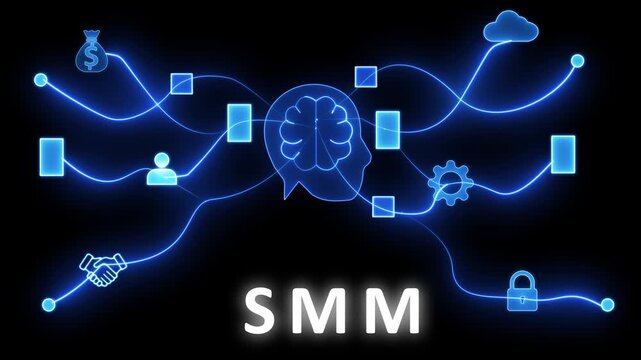 Social media marketing network with a central brain and connected symbols for business and communication, featuring the text SM on a dark backdrop