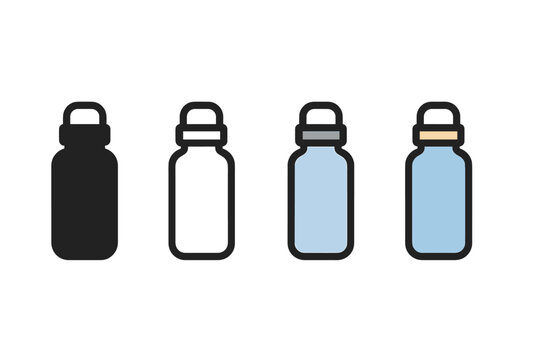 Four style reusable bottle icon as solid glyph outline minimal flat multicolor and soft shaded cartoon for sustainability dashboards and apps.