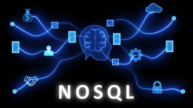 Digital network visualization with glowing blue lines connecting of a brain, head, handshake, money bag, user, cloud, lock, gear, and squares against a black background with the text NOS