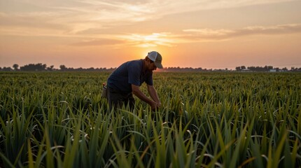 Fototapeta premium Farmer Harvesting Crops at Sunset in a Green Field Landscape