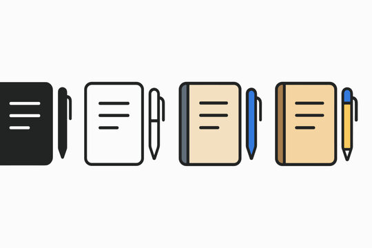 Notebook diary journal four style vector icon set illustrating writing essentials.