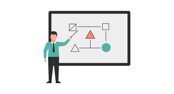 Businessman presenting on whiteboard diagram.