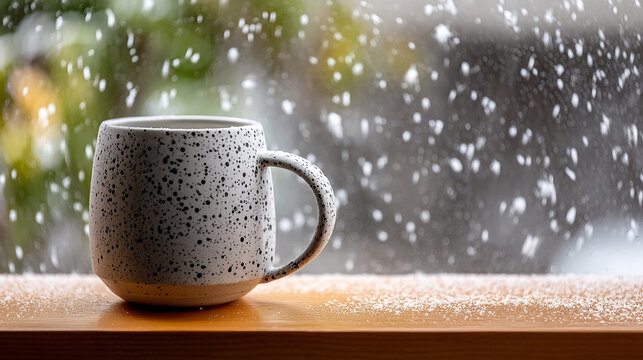 Close-up of a speckled ceramic mug on a windowsill during a snowstorm with beverage