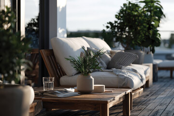Fototapeta premium The image showcases a chic wooden seating arrangement in a sunlit outdoor area, adorned with decorative plants, ideal for open-air relaxation and contemporary living.