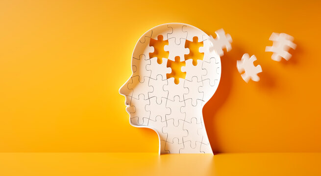 Head and brain diseases concept - missing pieces flying of the brain puzzle on yellow background with copy space