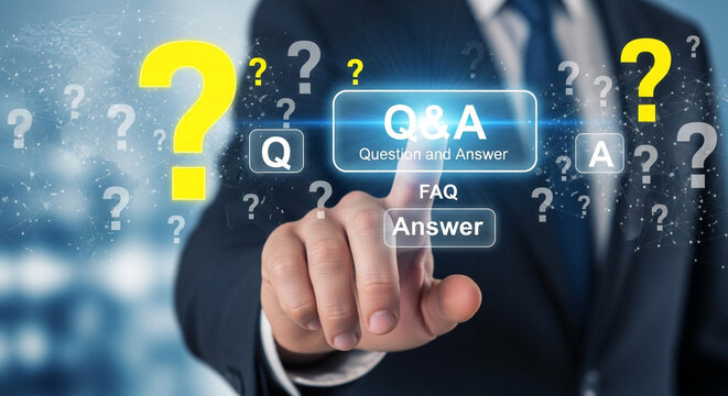 Businessman pointing at virtual qa interface with floating question marks and glowing FAQ buttons in corporate setting.
