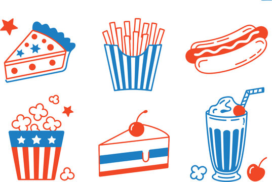 Colorful patriotic themed food and drink illustrations with transparent background